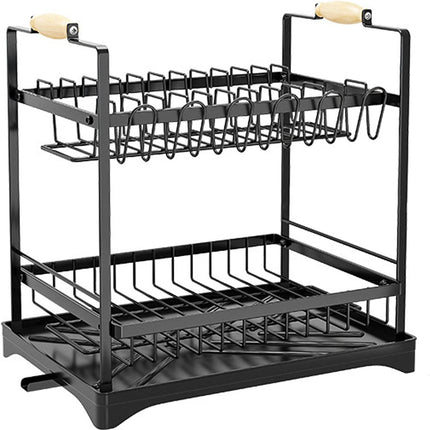CARLA HOME 2-Tier Large Dish Drying Rack with Drainboard, Utensil Holder, Glass Hooks & Cutlery Storage (Black)