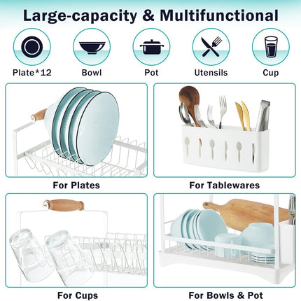CARLA HOME 2-Tier Large Dish Drying Rack with Drainboard, Utensil Holder, Glass Hooks & Cutlery Storage (White)