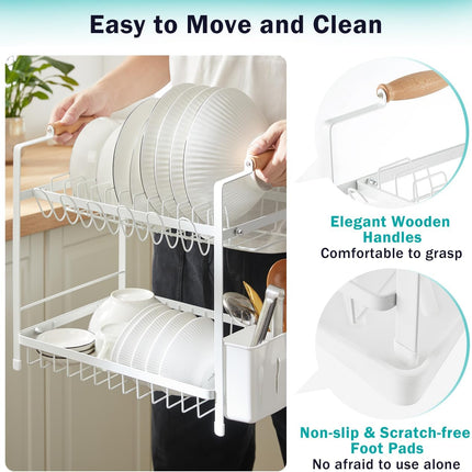CARLA HOME 2-Tier Large Dish Drying Rack with Drainboard, Utensil Holder, Glass Hooks & Cutlery Storage (White)