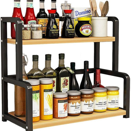 CARLA HOME 2-Tier Wooden Kitchen Countertop Spice Rack for Storage of Condiments, Oils, Jars & Seasoning Bottles