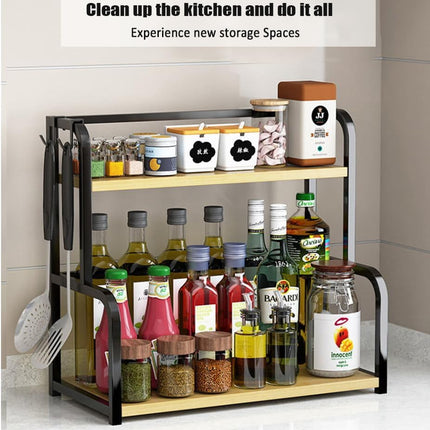 CARLA HOME 2-Tier Wooden Kitchen Countertop Spice Rack for Storage of Condiments, Oils, Jars & Seasoning Bottles