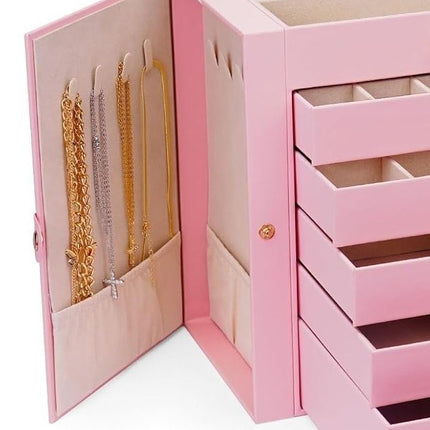 CARLA HOME 6-Layer Large Jewelry Box for Women withDrawers, Mirror, Lock, Necklace Hooks & Side Compartments for Rings, Earrings, Bracelets, Gifts (Pink)