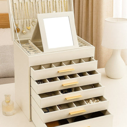 CARLA HOME  6-Layer Large Jewelry Organizer Box for Women with Mirror, Drawers, Hooks & Dividers for Rings, Necklaces, Bracelets, Ideal Gift for Women (White)