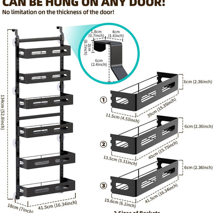 CARLA HOME 6 Tier Over the Door Organizer with Adjustable Metal Pantry Storage Rack and Hanging Baskets for Kitchen and Bathroom