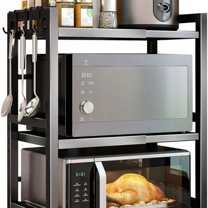 CARLA HOME 3-Tier Microwave Oven Rack with Adjustable Metal Kitchen Shelf Stand for Countertop Storage and 6 Hooks for Utensils