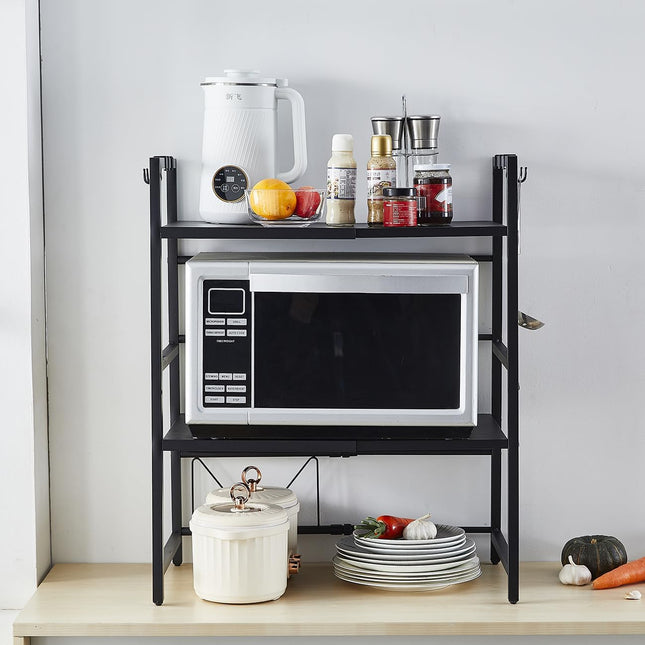 CARLA HOME 3-Tier Microwave Oven Rack with Adjustable Metal Kitchen Shelf Stand for Countertop Storage and 6 Hooks for Utensils