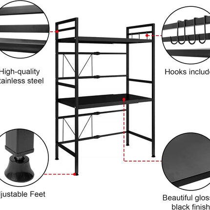CARLA HOME 3-Tier Microwave Oven Rack with Adjustable Metal Kitchen Shelf Stand for Countertop Storage and 6 Hooks for Utensils