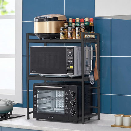 CARLA HOME 3-Tier Microwave Oven Rack with Adjustable Metal Kitchen Shelf Stand for Countertop Storage and 6 Hooks for Utensils