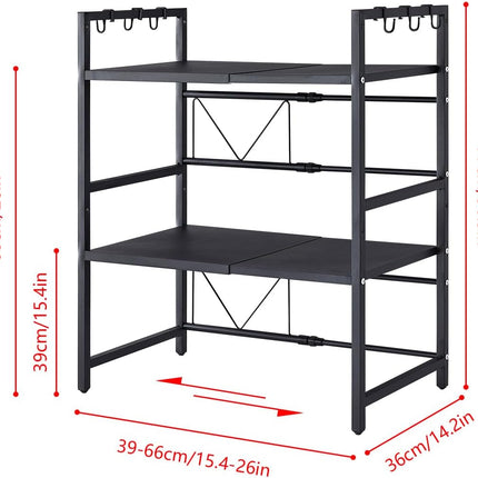 CARLA HOME 3-Tier Microwave Oven Rack with Adjustable Metal Kitchen Shelf Stand for Countertop Storage and 6 Hooks for Utensils