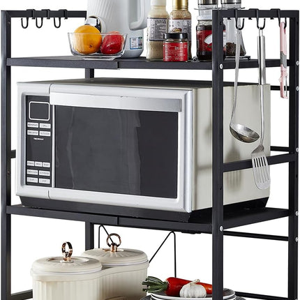 CARLA HOME 3-Tier Microwave Oven Rack with Adjustable Metal Kitchen Shelf Stand for Countertop Storage and 6 Hooks for Utensils