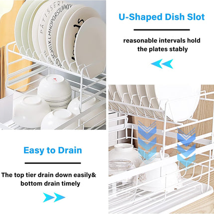 CARLA HOME 2-Tier Dish Drying Rack for Kitchen Counter with Removable Drip Tray, Utensil Holder and Cutlery Organizer