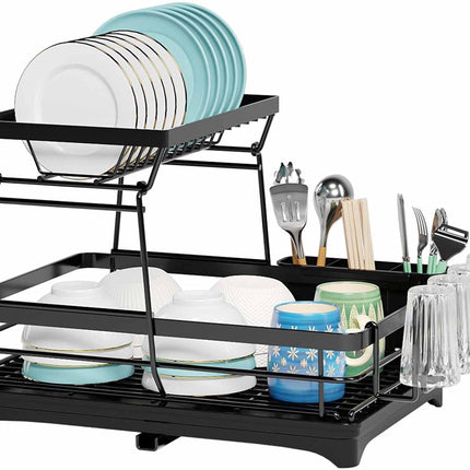 CARLA HOME 2-Tier Dish Drying Rack for Kitchen Counter with Drainboard, Utensil Holder, Cup Rack & Cutlery Organizer