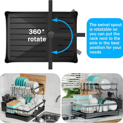 CARLA HOME 2-Tier Dish Drying Rack for Kitchen Counter with Drainboard, Utensil Holder, Cup Rack & Cutlery Organizer