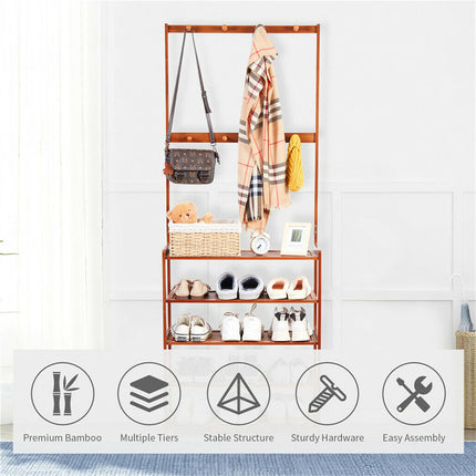 Bamboo 5-Tier Hat Coat Shoe Rack Entryway Bench Hanger Storage
