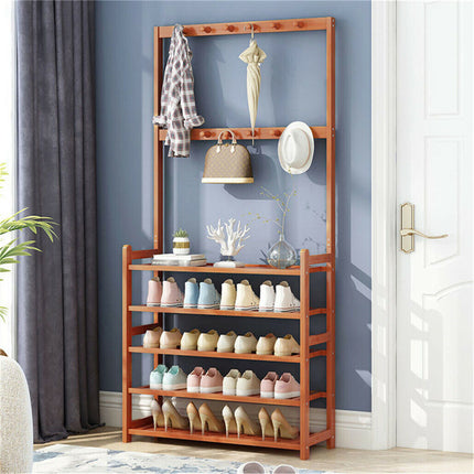 Bamboo 5-Tier Hat Coat Shoe Rack Entryway Bench Hanger Storage