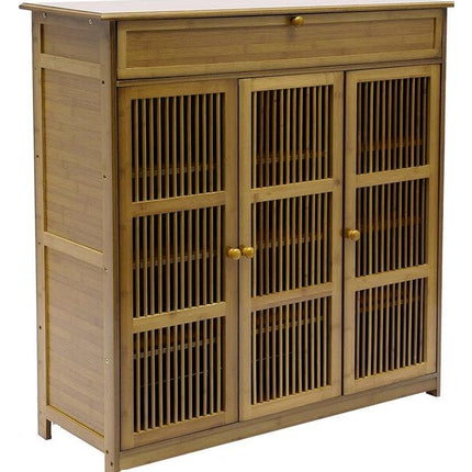 Wooden Shoe Rack XL 4 Tier 3 Doors Drawers Shelves Cabinet Organizer