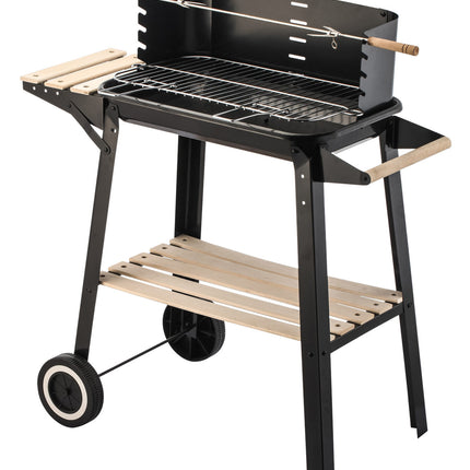Charcoal Grill BBQ with Manual Rotisserie Stick on Trolley Stand