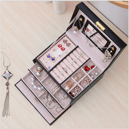 Jewellery Box With Mirror Double Drawers Organizer Storage Lock Case(White)