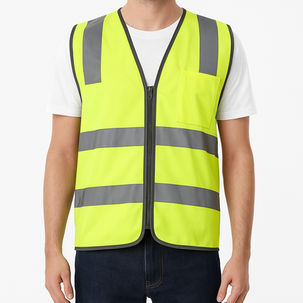 Hi Vis Safety Vest Reflective Tape Zip Up Workwear Pocket High Visibility in Yellow - XL