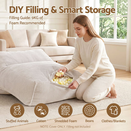 Artiss Bean Bag Chair Cover (No Filler) Soft Corduroy Stuffed Animal Storage Bean Bag Cover for Adults, Washable Lazy Sofa Cover for Living Room Bedroom, Beige