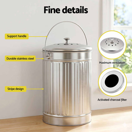 Gardeon Compost Bin Kitchen Countertop Food Waste Caddy 6L Silver