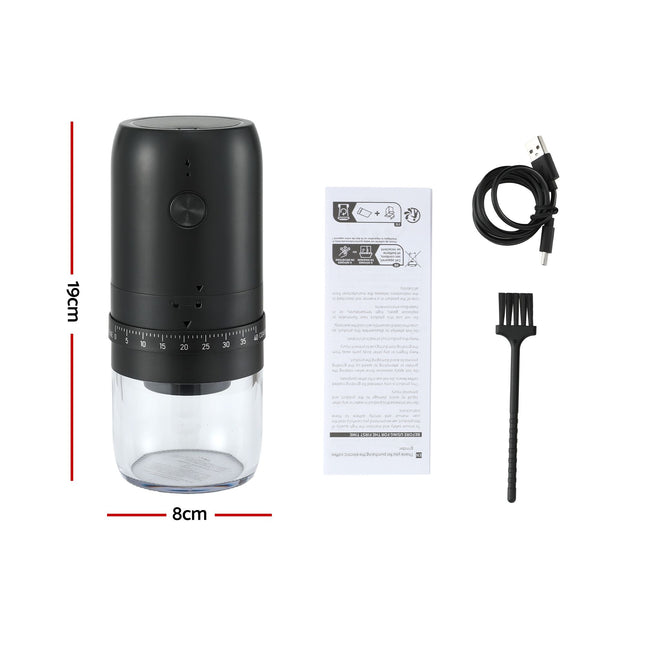 Devanti Electric Coffee Grinder USB-C Rechargeable Portable Coffee Bean Grinder with 40 Precise Grind Settings | Automatic Spice Nut Pepper Grinder Mill with Cleaning Brush & Ground Coffee Container for Home Office Camping Travel, Black