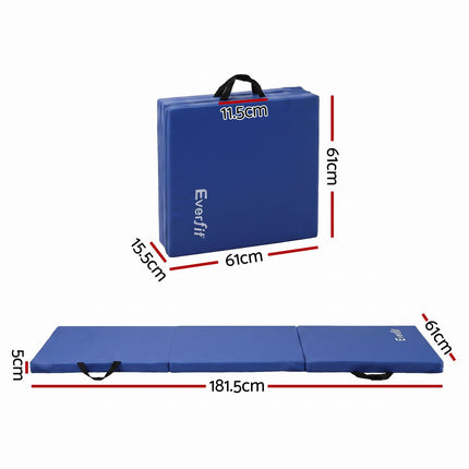 Everfit 180x60cm Gymnastics Mats Folding Exercise Floor Mat Portable 3 Fold Tumbling Mat Blue