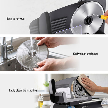 Devanti Meat Slicer Bread Vegetable, 200W Power 0-15mm Adjustable Easy Clean Stable Stainless Steel Blade Food Slicer for Kitchen Commercial, Black