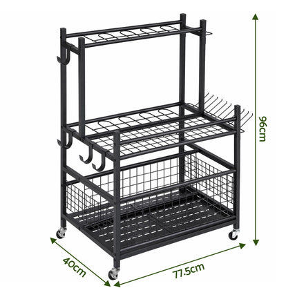 Gardeon Garden Tool Organizer Rack 16 Slots Rolling Garage Storage with Hooks