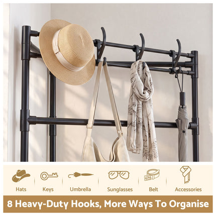 Artiss Coat Rack 181cm Freestanding Corner Hall Tree Garment Organiser Storage Shelf 8 Hooks Black