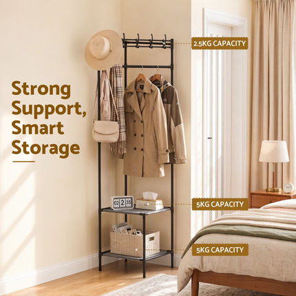 Artiss Coat Rack 181cm Freestanding Corner Hall Tree Garment Organiser Storage Shelf 8 Hooks Black