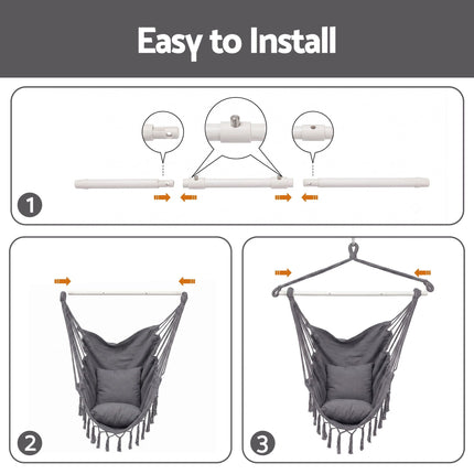 Gardeon Hammock Chair Camping Macrame Hanging Swing Cushions Metal Bar Grey