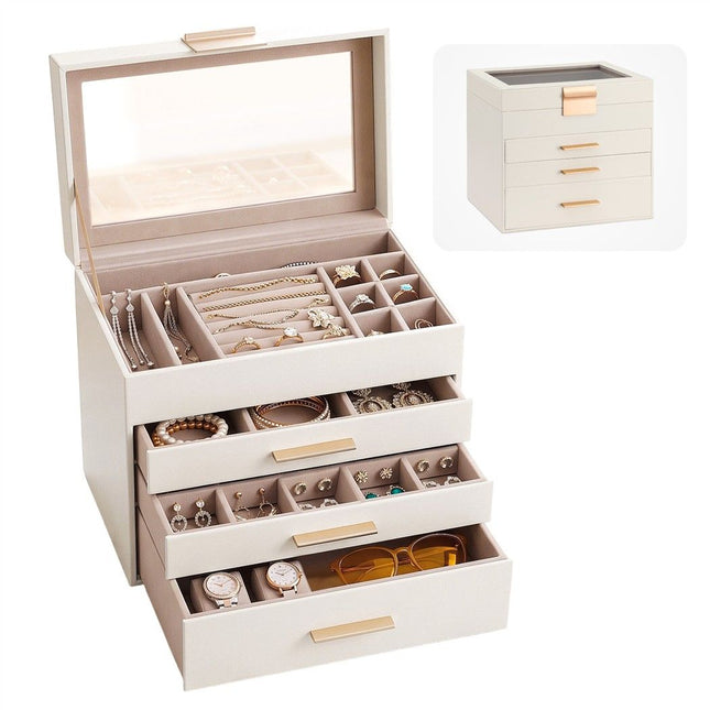 Embellir Jewellery Box 4 Layer Organiser Storage Case Glass Lid Drawers White