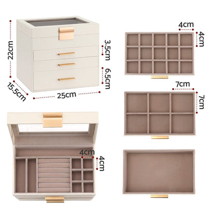 Embellir Jewellery Box 4 Layer Organiser Storage Case Glass Lid Drawers White