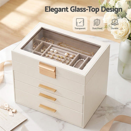 Embellir Jewellery Box 4 Layer Organiser Storage Case Glass Lid Drawers White
