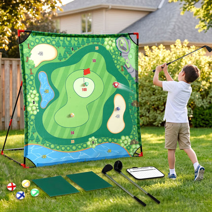 Keezi Kids Golf Play Set Chipping Game, 24 Sticky Balls, Adjustable Club & 2 Hitting Mats for Indoor Outdoor Ages 3-12 Play