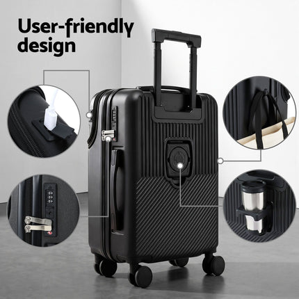 Wanderlite 20" Luggage Suitcase Front Pocket Travel Carry On TSA Black