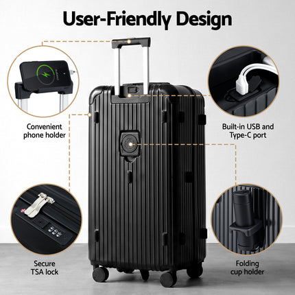 Wanderlite 28" Trunk Luggage Suitcase Travel 5 Wheels Type-C Port TSA Black