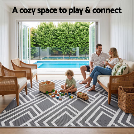 Gardeon Outdoor Rugs 274x366cm Reversible PP Dual-Sided Area Mat Large Carpet Patio Rug Grey