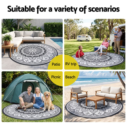 Gardeon 180CM Outdoor Rug Reversible Carpet PP Area Mat Patio Rugs Round Grey