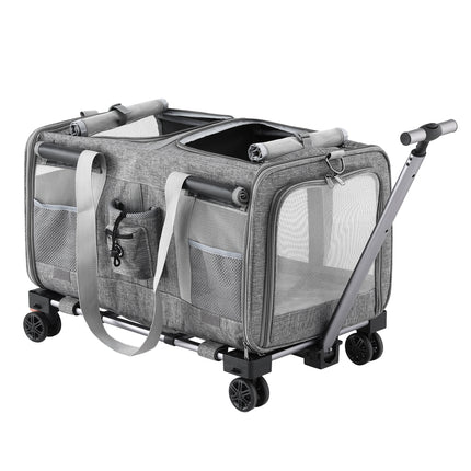 i.Pet Pet Carrier Swivel Wheels Foldable Cat Dog Trolley Stroller Travel Bag Grey
