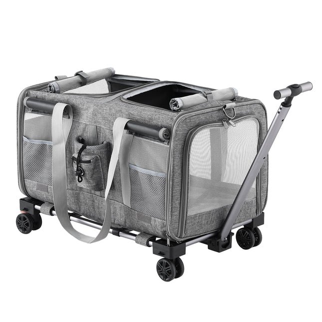 i.Pet Pet Carrier Swivel Wheels Foldable Cat Dog Trolley Stroller Travel Bag Grey