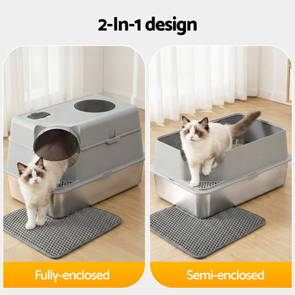 i.Pet Cat Litter Box Large Stainless Steel High Sided Pet Toilet Odour Control