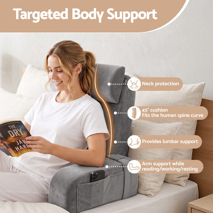 Giselle Reading Pillow For Bed With Non-Sag Solid Memory Foam, Back Pillow For Bed Sitting Up Gaming, Adjustable Neck Roll Detachable Arms And 210gsm Velvet Washable Cover