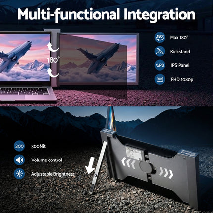 Devanti Portable Monitor Laptop Screen Extender Dual Display 1080P IPS USB C