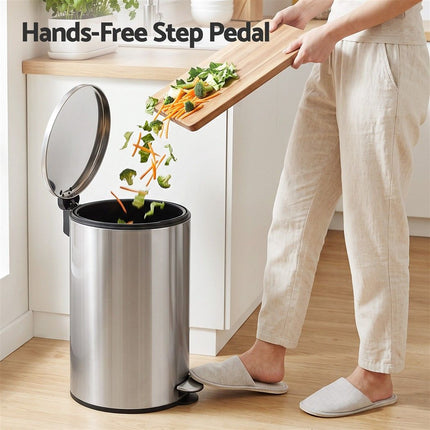 Cefito 12L Pedal Bin Rubbish Waste Bin Soft Close Lid Kitchen Bathroom Silver