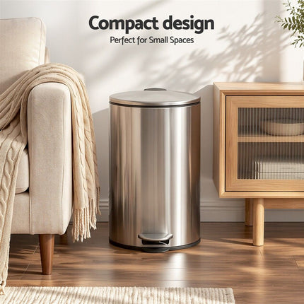 Cefito 12L Pedal Bin Rubbish Waste Bin Soft Close Lid Kitchen Bathroom Silver