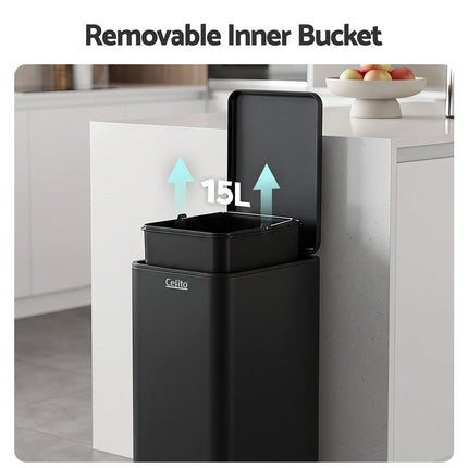 Cefito 15L Pedal Rubbish Bin Slim Carbon Steel Garbage Bin for Home Black