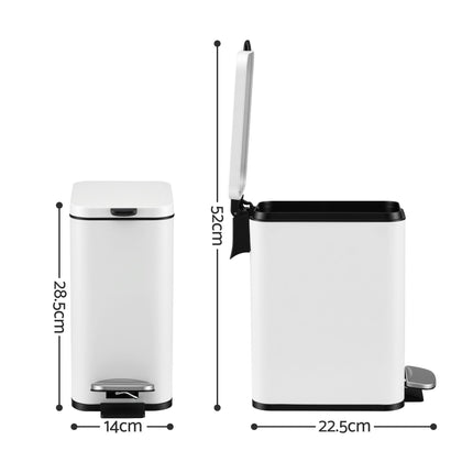 Cefito 5L Pedal Rubbish Bin Carbon Steel Rectangular Trash Can Removable Bucket White