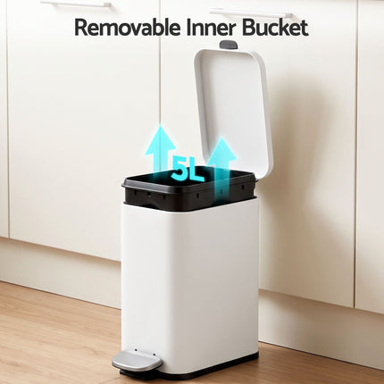 Cefito 5L Pedal Rubbish Bin Carbon Steel Rectangular Trash Can Removable Bucket White